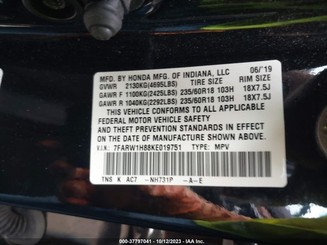 Honda Cr-v Ex-l 2019 7FARW1H88KE019751 Image 9