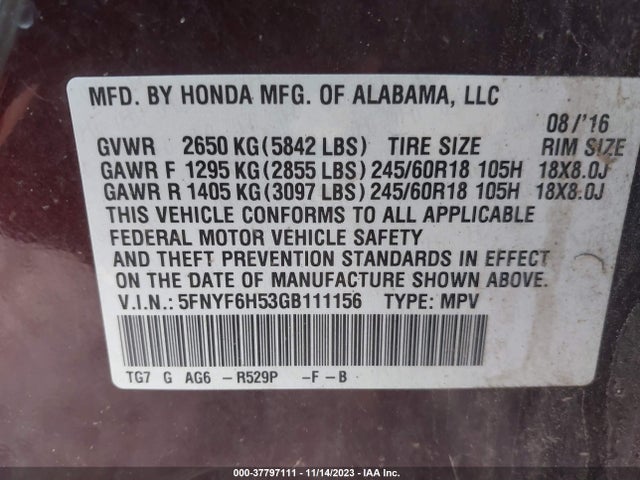 Honda Pilot Ex-l 2016 5FNYF6H53GB111156 Image 9