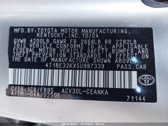 2005 TOYOTA CAMRY LE VIN: 4T1BE32KX5U987339
