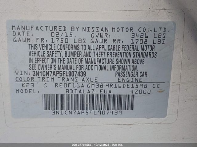 3N1CN7AP5FL907439 Nissan Versa S Plus