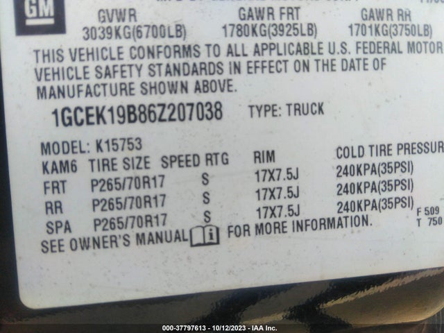 2006 CHEVROLET SILVERADO 1500 LT3 VIN: 1GCEK19B86Z207038