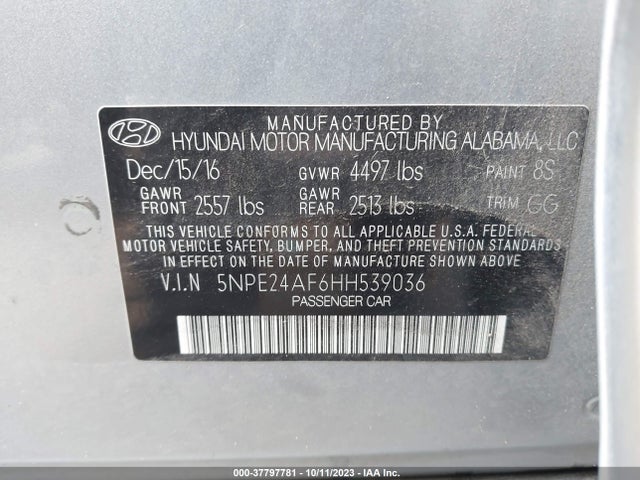 Hyundai Sonata 2.4l 2017 5NPE24AF6HH539036 Image 9