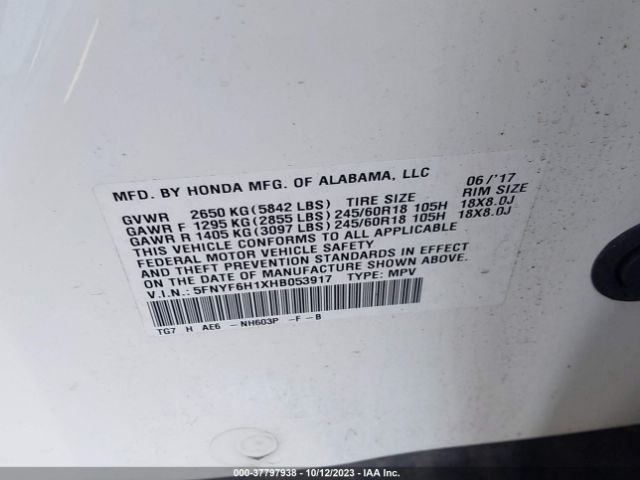 5FNYF6H1XHB053917 Honda PILOT LX