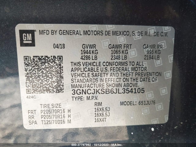 Chevrolet TRAX LS 2018 3GNCJKSB6JL354105 Image 9