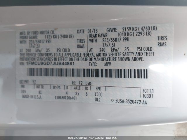 1FMCU9GD7JUB44861 Ford ESCAPE SE