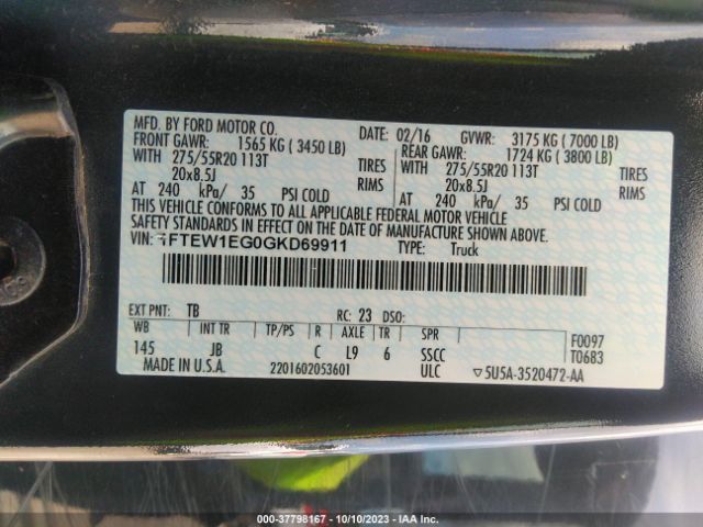 1FTEW1EG0GKD69911 Ford F-150 Xlt/xl/lariat/platinum