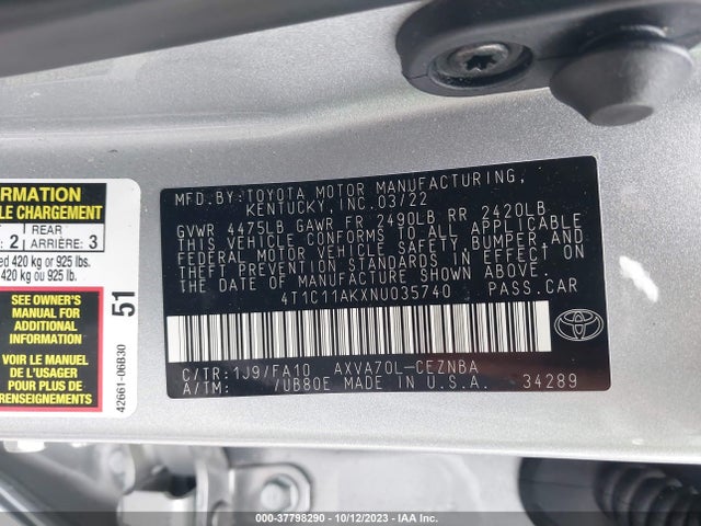 Toyota CAMRY LE 2022 4T1C11AKXNU035740 Image 9