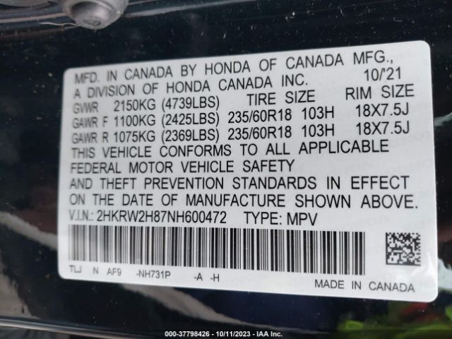 2HKRW2H87NH600472 Honda Cr-v Ex-l
