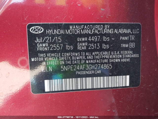 Hyundai Sonata 2.4l Se 2016 5NPE24AF3GH274865 Image 9