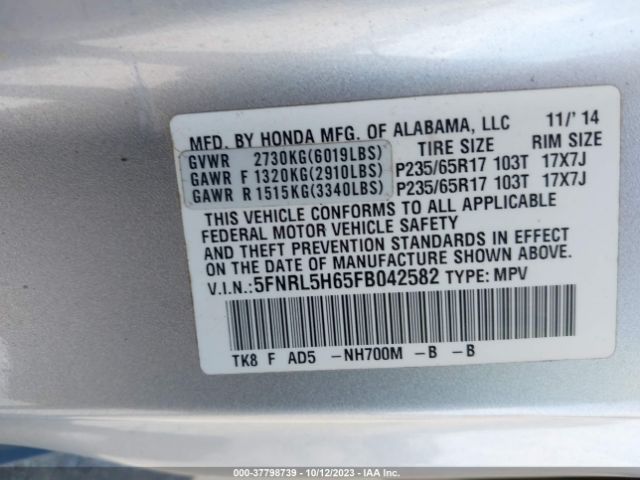5FNRL5H65FB042582 Honda Odyssey Ex-l