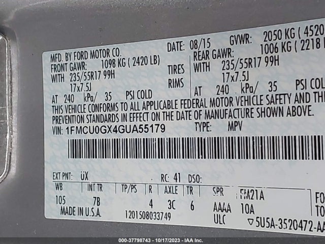 Ford ESCAPE SE 2016 1FMCU0GX4GUA55179 Image 9