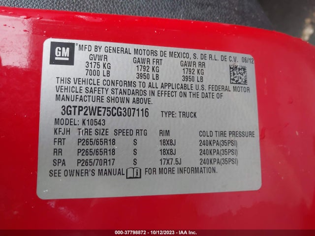 2012 GMC SIERRA 1500 SLT VIN: 3GTP2WE75CG307116