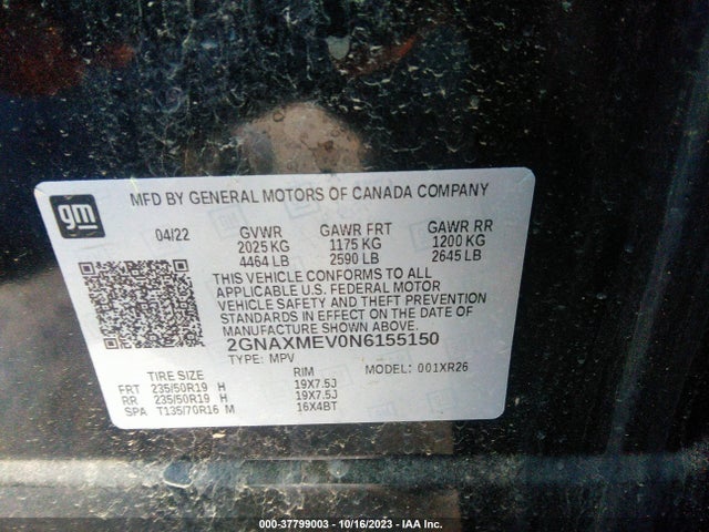 37799003 :رقم المزاد ، 2GNAXMEV0N6155150 vin ، 2022 Chevrolet Equinox Fwd Rs مزاد بيع
