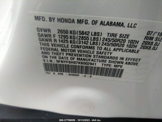 5FNYF6H07KB002941 Honda Pilot Elite