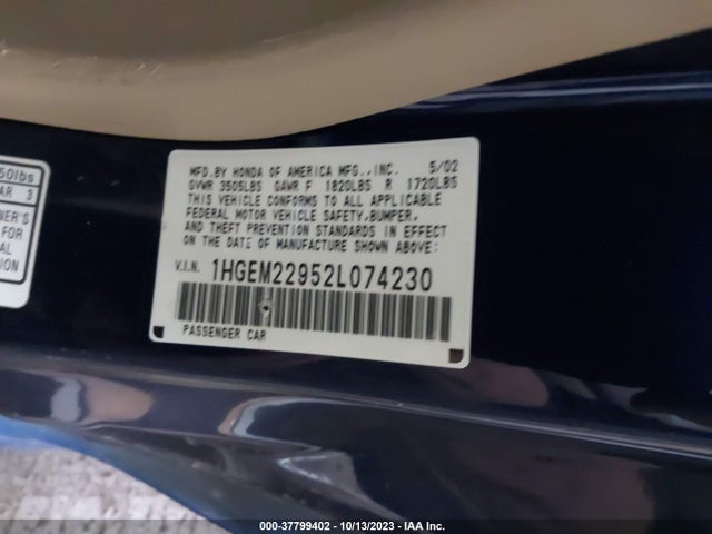 2002 HONDA CIVIC EX VIN: 1HGEM22952L074230