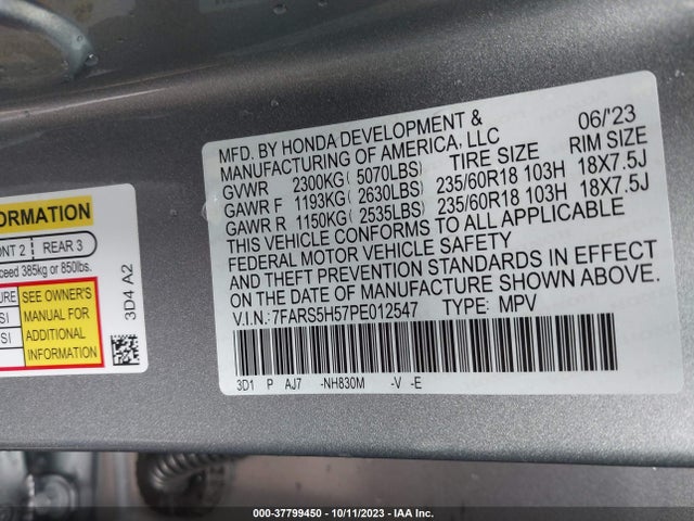 2023 HONDA CR-V HYBRID SPORT VIN: 7FARS5H57PE012547