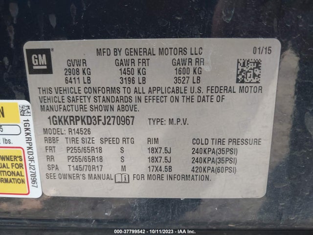 GMC ACADIA SLE 2015 1GKKRPKD3FJ270967 Image 9