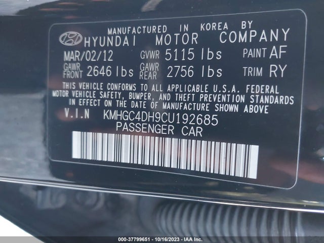 2012 HYUNDAI GENESIS 5.0L R-SPEC VIN: KMHGC4DH9CU192685