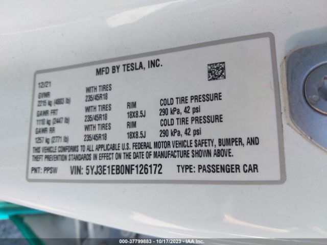 5YJ3E1EB0NF126172 Tesla Model 3 Long Range