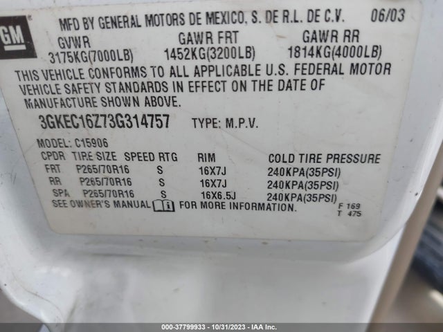 2003 GMC YUKON XL SLT VIN: 3GKEC16Z73G314757