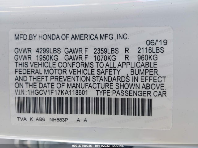 2019 HONDA ACCORD LX VIN: 1HGCV1F17KA118601