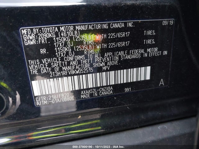 2019 TOYOTA RAV4 LE VIN: 2T3H1RFV8KW052515