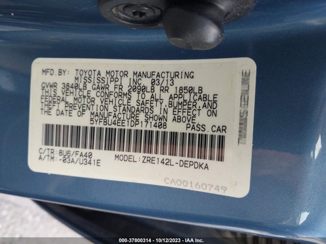 2013 TOYOTA COROLLA L/LE/S VIN: 5YFBU4EE1DP171408