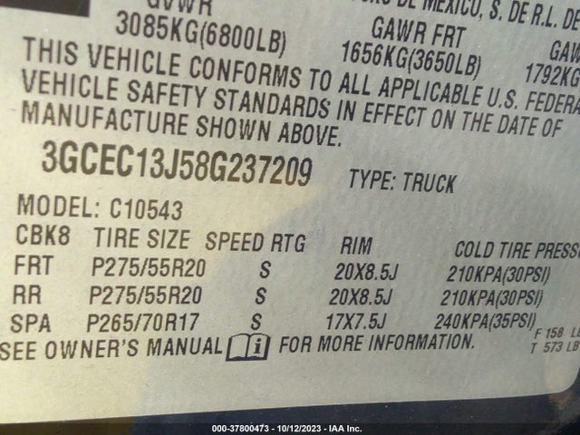 2008 CHEVROLET SILVERADO 1500 LT W/1LT VIN: 3GCEC13J58G237209