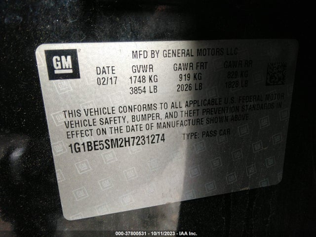 Chevrolet CRUZE LT 2017 1G1BE5SM2H7231274 Image 9