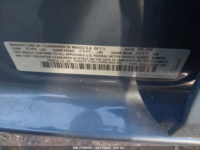 2006 VOLKSWAGEN JETTA SEDAN 2.5L VIN: 3VWSF71K16M838248