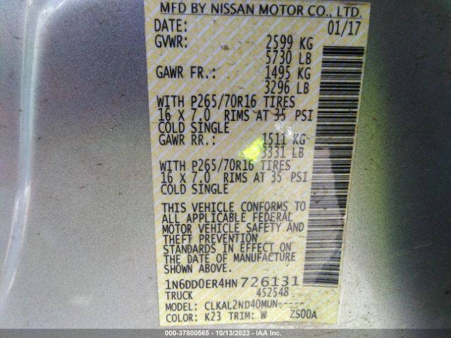 1N6DD0ER4HN726131 Nissan Frontier Sv V6