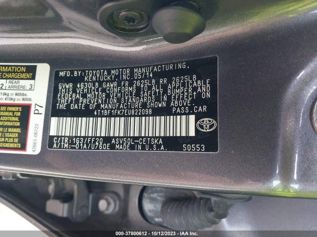 2014 TOYOTA CAMRY L/LE/XLE/SE/SE SPORT VIN: 4T1BF1FK7EU822098