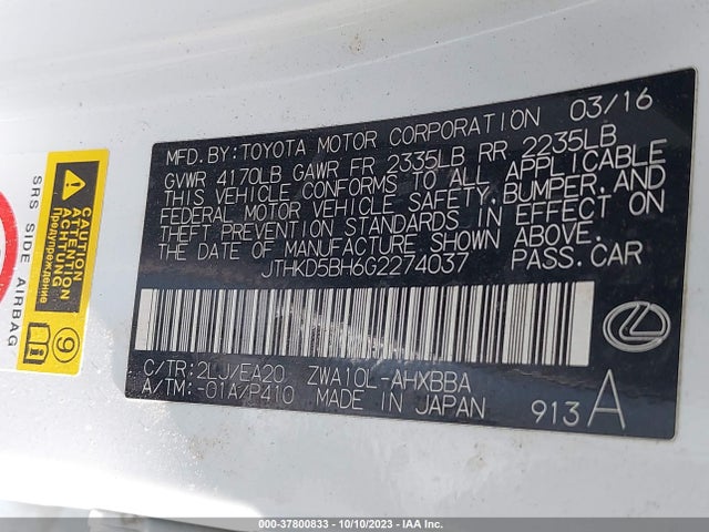 JTHKD5BH6G2274037 Lexus Ct 200h Hybrid