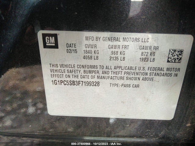2015 CHEVROLET CRUZE LT VIN: 1G1PC5SB3F7199328