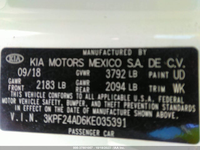 2019 KIA FORTE LXS VIN: 3KPF24AD6KE035391