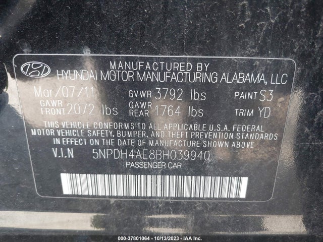 2011 HYUNDAI ELANTRA GLS PZEV VIN: 5NPDH4AE8BH039940