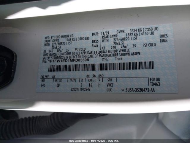 1FTFW1ED1MFD05598 Ford F-150 Lariat