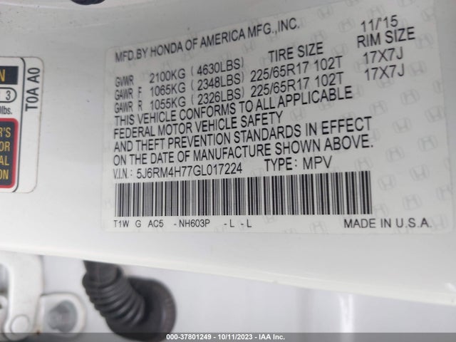 Honda Cr-v Ex-l 2016 5J6RM4H77GL017224 Image 9