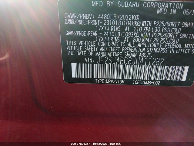 2018 SUBARU FORESTER VIN: JF2SJABC8JH411282