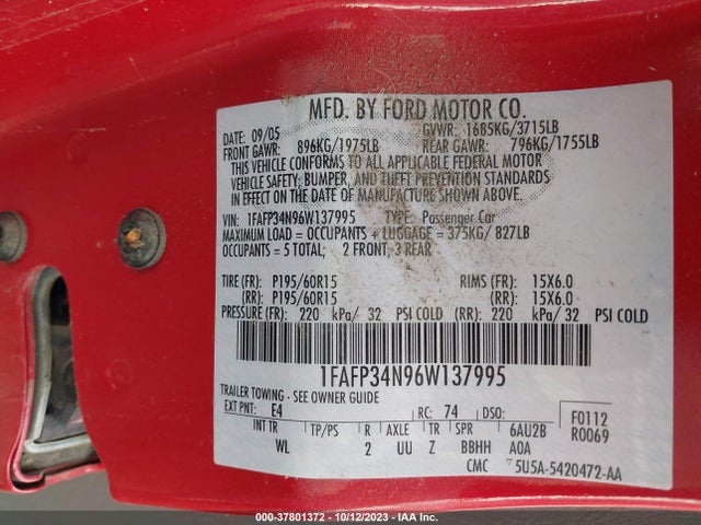 2006 FORD FOCUS S/SE/SES VIN: 1FAFP34N96W137995