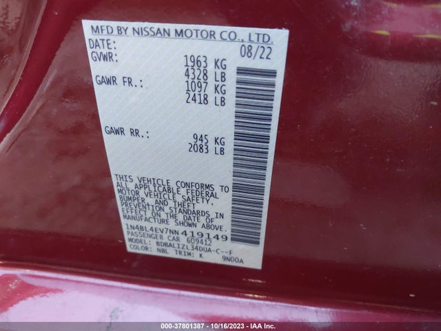 2022 NISSAN ALTIMA 2.5 SL VIN: 1N4BL4EV7NN419149
