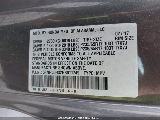 Honda ODYSSEY SE 2017 5FNRL5H32HB011749 Image 9