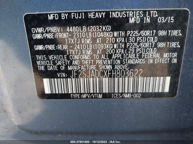 2015 SUBARU FORESTER 2.5I PREMIUM VIN: JF2SJADCXFH803622