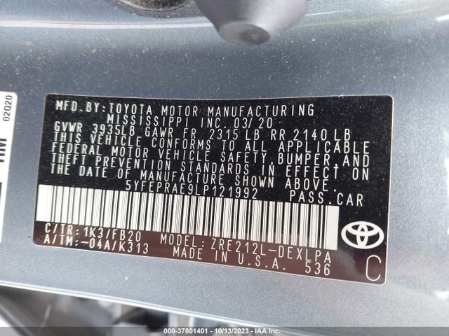 Toyota COROLLA LE 2020 5YFEPRAE9LP121992 Image 9