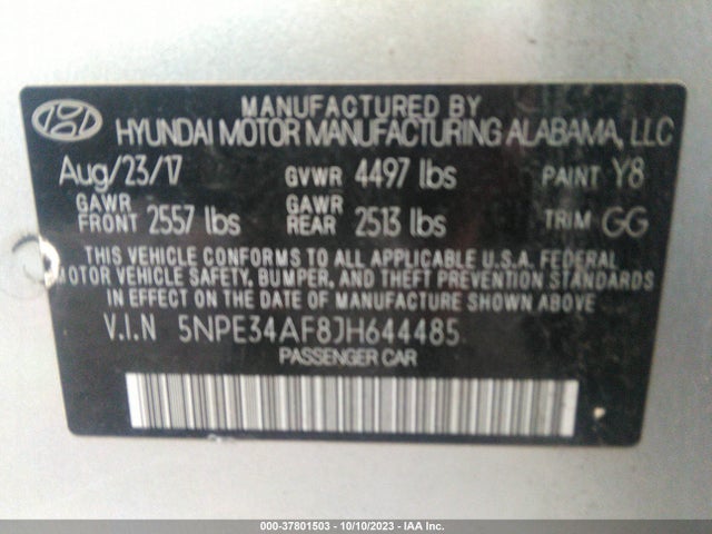 2018 HYUNDAI SONATA SEL VIN: 5NPE34AF8JH644485