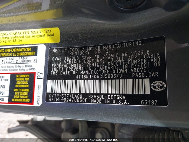 2012 TOYOTA CAMRY SE/XLE VIN: 4T1BK1FK6CU509679