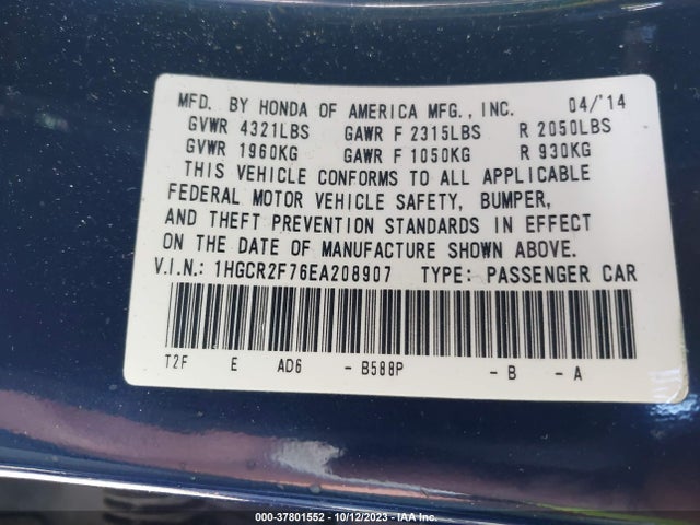 Honda ACCORD EX 2014 1HGCR2F76EA208907 Image 9