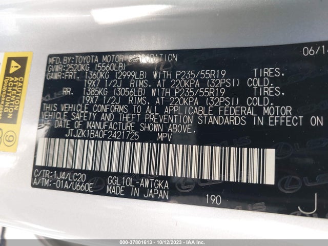 JTJZK1BA0F2421725 Lexus RX 350