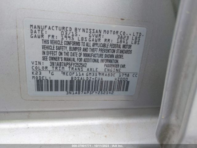 3N1AB7AP5FY252542 Nissan Sentra Sr/sl/s/sv/fe+ S