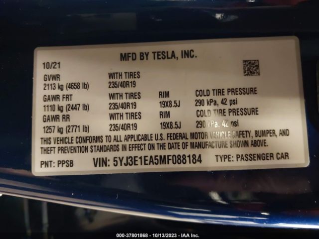 5YJ3E1EA5MF088184 Tesla Model 3 Standard Range Plus